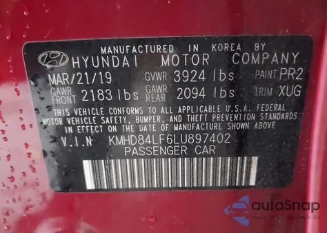 2020 Hyundai Elantra Limited z USA, uszkodzony, nr VIN KMHD84LF6LU897402